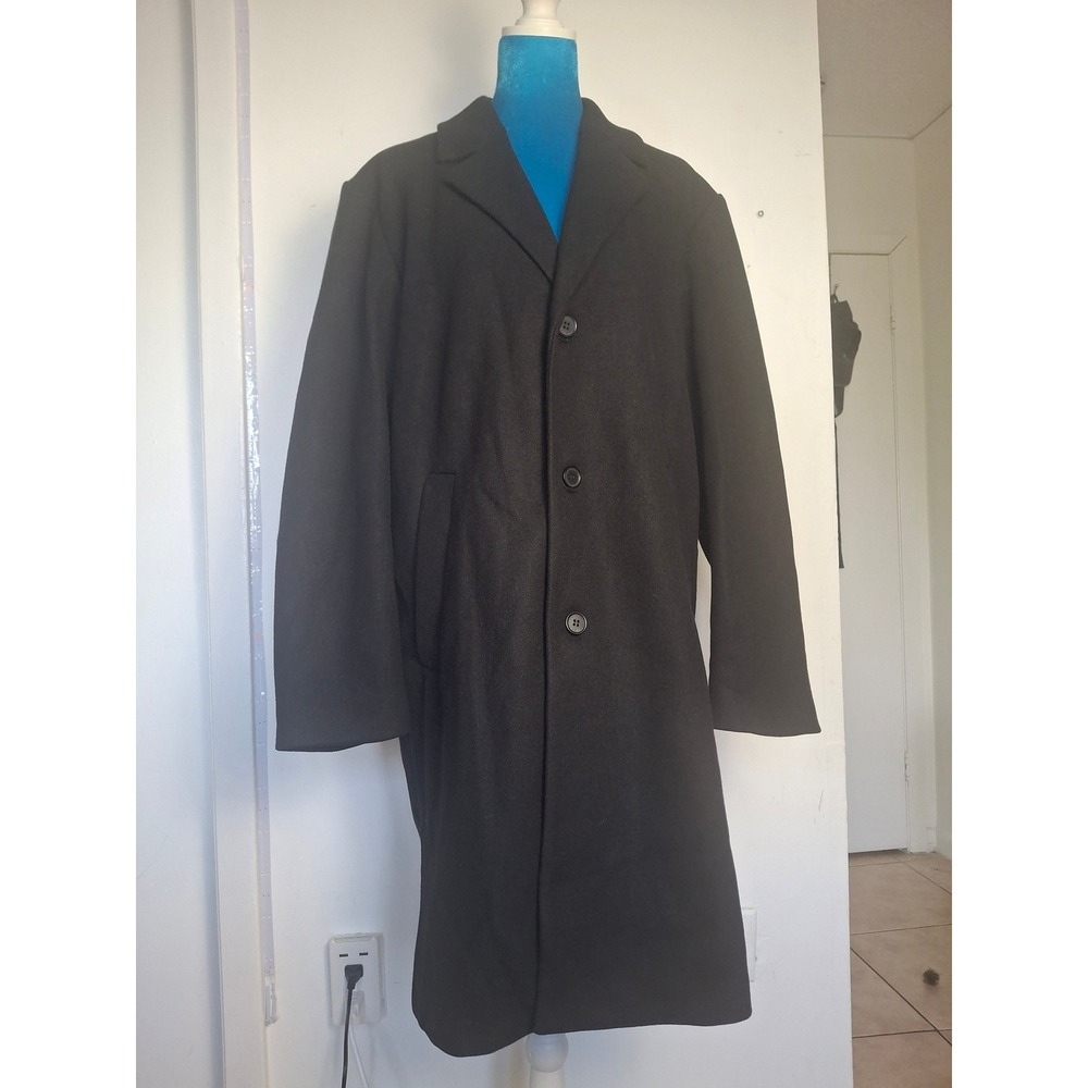 HM Man Black Wool Blend Overcoat Car Coat Mens 40R Notched Lapel Mid Length